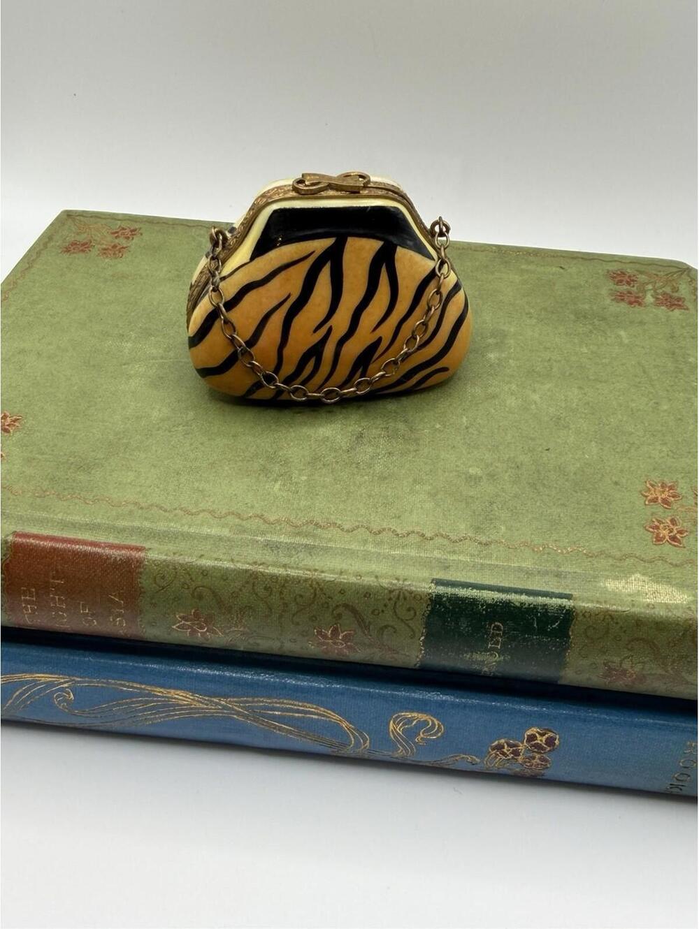 Vintage Limoges Porcelain Purse Tiger Stripe Trinket Box Signed Made In France